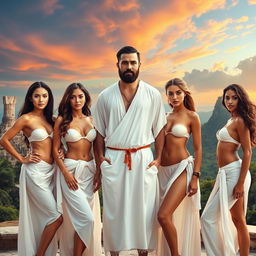 A bearded man wearing a flowing white tunic stands confidently at the center of the composition, surrounded by five beautiful women with diverse features and ethnicities, all clad in semi-naked attire