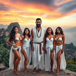 A bearded man wearing a flowing white tunic stands confidently at the center of the composition, surrounded by five beautiful women with diverse features and ethnicities, all clad in semi-naked attire