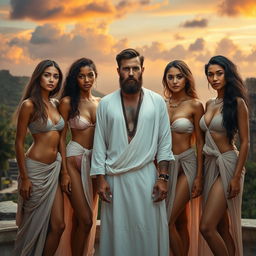 A bearded man wearing a flowing white tunic stands confidently at the center of the composition, surrounded by five beautiful women with diverse features and ethnicities, all clad in semi-naked attire