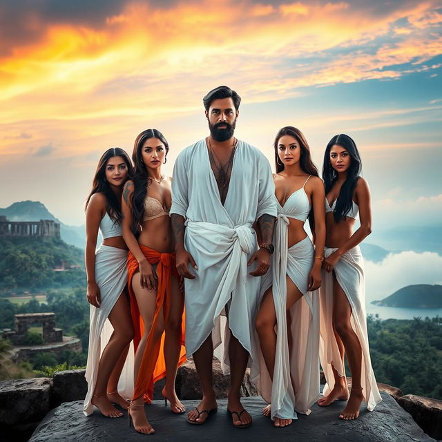 A bearded man wearing a flowing white tunic stands confidently at the center of the composition, surrounded by five beautiful women with diverse features and ethnicities, all clad in semi-naked attire