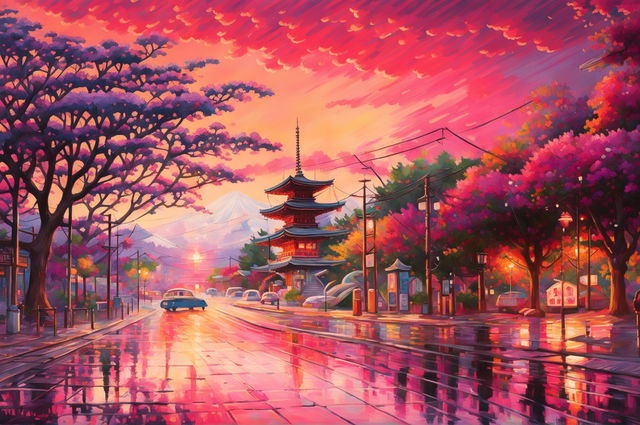 An ultra-detailed, high-definition impressionistic painting of Arakurayama Sengen Park at sunset, featuring a brilliant sky, a blooming Jacaranda tree, a sun shower, and a fog-shrouded view of Mount Fuji