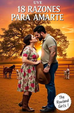 A curvy, short woman with brown hair styled into two braids, wearing a floral dress and cowboy boots, is kissing a tall, muscular man with curly hair, tattoos, and a short beard