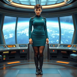 A voluptuous woman wearing a teal Star Trek classic uniform with a skirt, paired with black tights, sleek black boots, and a black collar