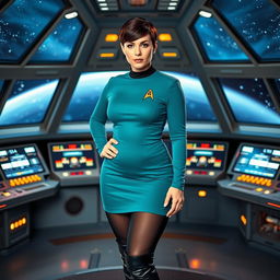 A voluptuous woman wearing a teal Star Trek classic uniform with a skirt, paired with black tights, sleek black boots, and a black collar