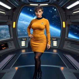 A voluptuous woman wearing a mustard-colored Star Trek classic uniform skirt, paired with black tights and black boots