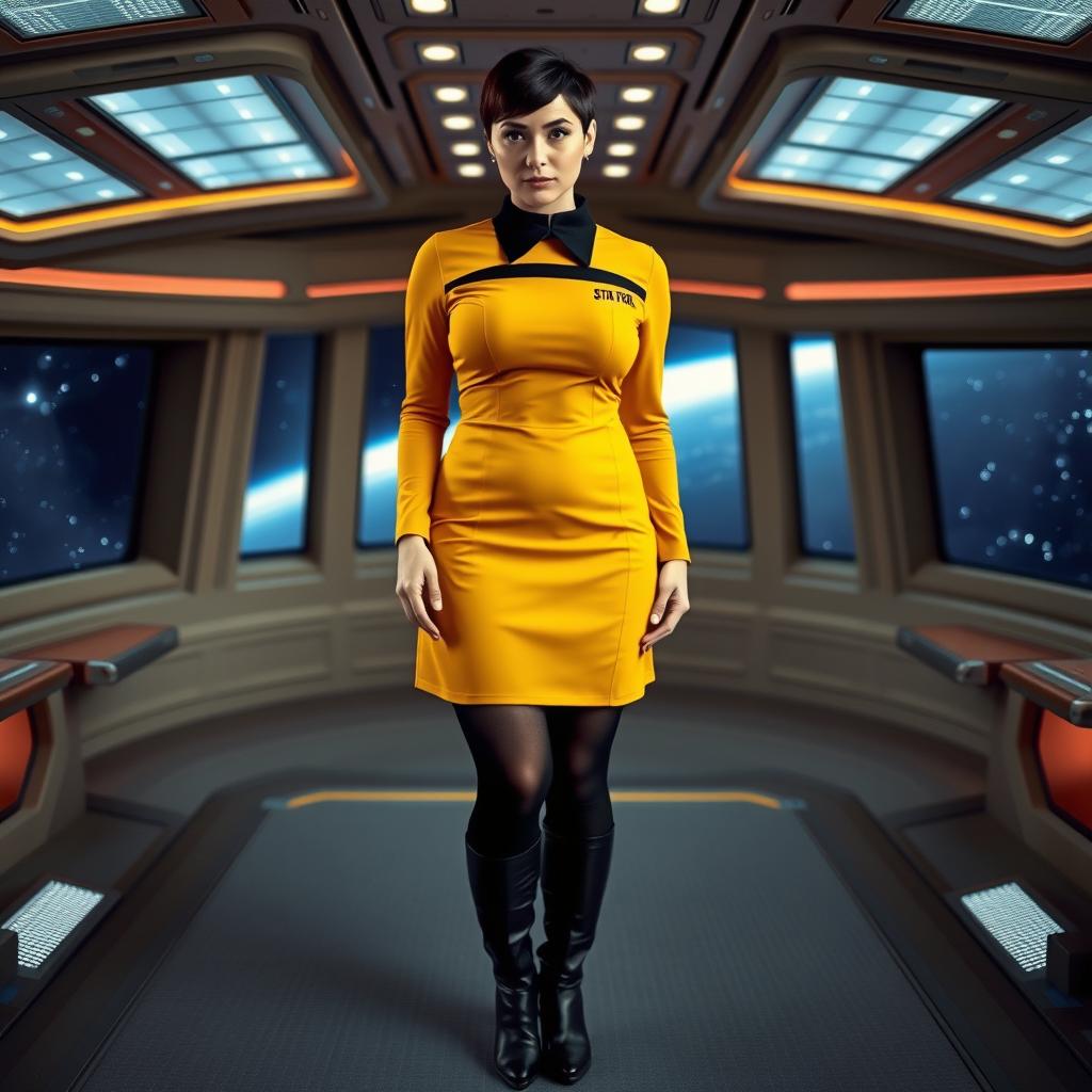 A voluptuous woman wearing a mustard-colored Star Trek classic uniform skirt, paired with black tights and black boots