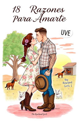 An illustrated drawing featuring a short, curvy woman with brown hair styled in a braid, wearing a floral dress and cowboy boots, locked in a kiss with a tall, muscular man with short, wavy hair, tattoos, and a short beard