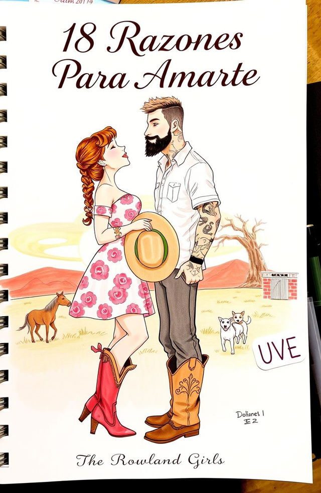 An illustrated drawing featuring a short, curvy woman with brown hair styled in a braid, wearing a floral dress and cowboy boots, locked in a kiss with a tall, muscular man with short, wavy hair, tattoos, and a short beard