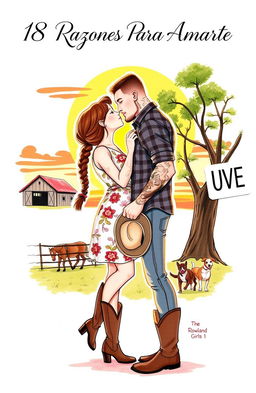 An illustrated drawing featuring a short, curvy woman with brown hair styled in a braid, wearing a floral dress and cowboy boots, locked in a kiss with a tall, muscular man with short, wavy hair, tattoos, and a short beard