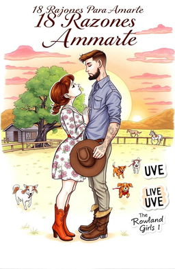 An illustrated drawing featuring a short, curvy woman with brown hair styled in a braid, wearing a floral dress and cowboy boots, locked in a kiss with a tall, muscular man with short, wavy hair, tattoos, and a short beard