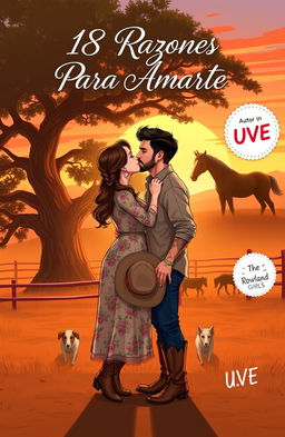 A realistic illustration of a curvy, short woman with brown hair styled in a braid, wearing a floral dress and cowboy boots, kissing a tall, muscular man with short, wavy hair, tattoos, and a short beard