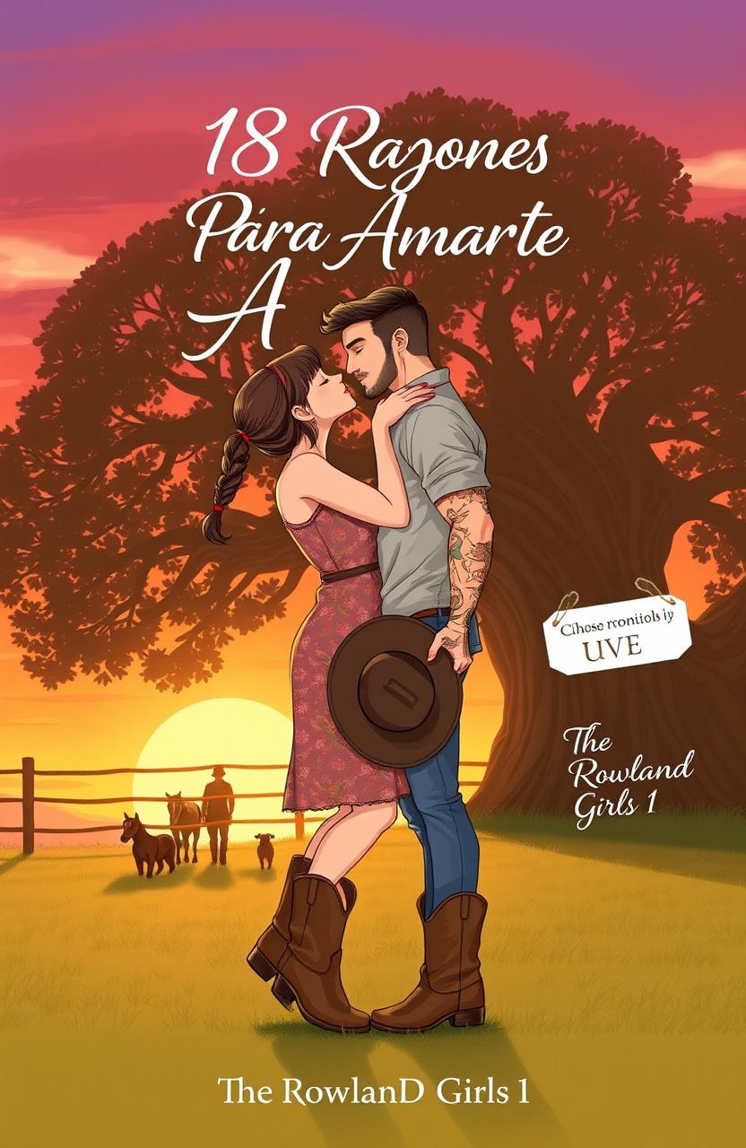 A realistic illustration of a curvy, short woman with brown hair styled in a braid, wearing a floral dress and cowboy boots, kissing a tall, muscular man with short, wavy hair, tattoos, and a short beard