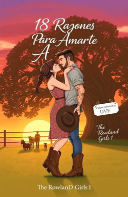 A realistic illustration of a curvy, short woman with brown hair styled in a braid, wearing a floral dress and cowboy boots, kissing a tall, muscular man with short, wavy hair, tattoos, and a short beard