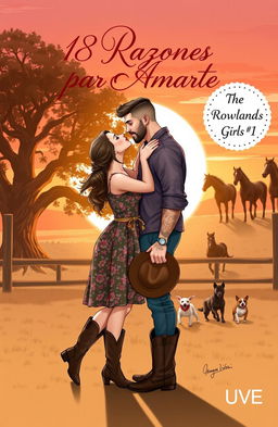 A realistic illustration of a curvy, short woman with brown hair styled in a braid, wearing a floral dress and cowboy boots, kissing a tall, muscular man with short, wavy hair, tattoos, and a short beard