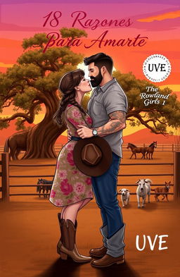 A realistic illustration of a curvy, short woman with brown hair styled in a braid, wearing a floral dress and cowboy boots, kissing a tall, muscular man with short, wavy hair, tattoos, and a short beard