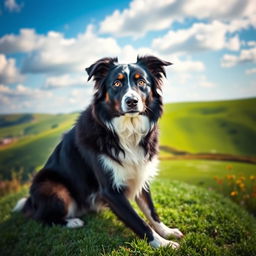 A wise and patient Border Collie sitting majestically on a lush green hilltop, showcasing its gentle yet firm demeanor