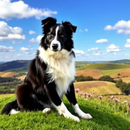 A wise and patient Border Collie sitting majestically on a lush green hilltop, showcasing its gentle yet firm demeanor