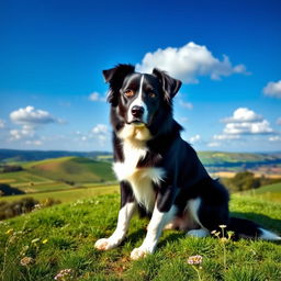 A wise and patient Border Collie sitting majestically on a lush green hilltop, showcasing its gentle yet firm demeanor