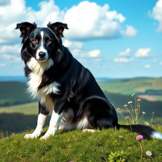 A wise and patient Border Collie sitting majestically on a lush green hilltop, showcasing its gentle yet firm demeanor