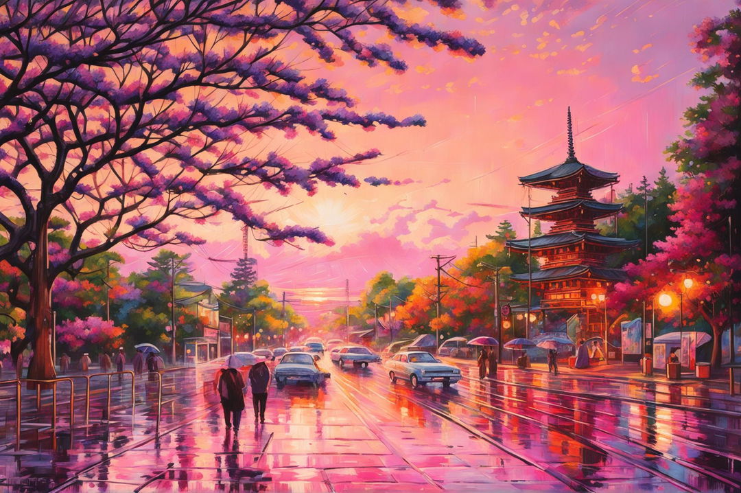 An ultra-detailed, high-definition impressionistic painting of Arakurayama Sengen Park during a sun shower at sunset, featuring a brilliant sky, a blooming Jacaranda tree, and a view of Mount Fuji