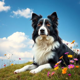A wise and patient Border Collie, depicted with a calm demeanor, sitting regally on a grassy hill under a blue sky with fluffy white clouds