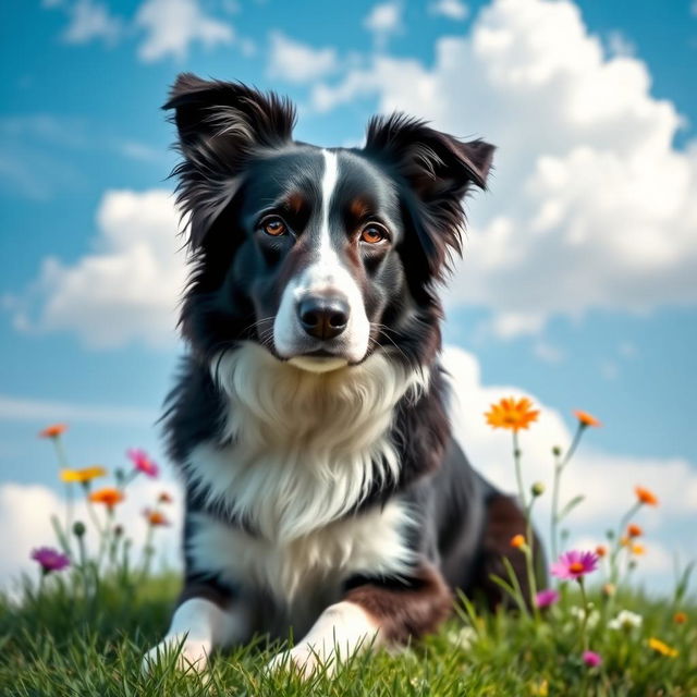 A wise and patient Border Collie, depicted with a calm demeanor, sitting regally on a grassy hill under a blue sky with fluffy white clouds