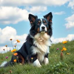 A wise and patient Border Collie, depicted with a calm demeanor, sitting regally on a grassy hill under a blue sky with fluffy white clouds