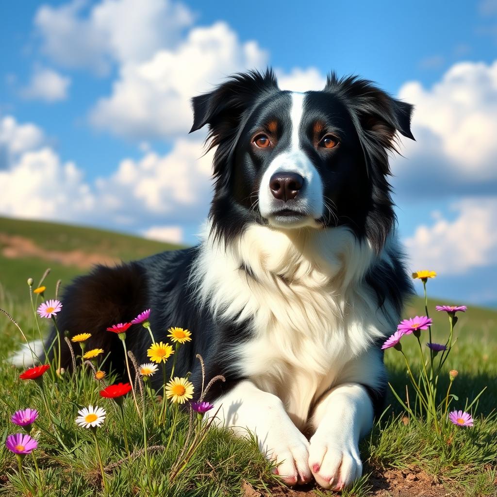 A wise and patient Border Collie, depicted with a calm demeanor, sitting regally on a grassy hill under a blue sky with fluffy white clouds