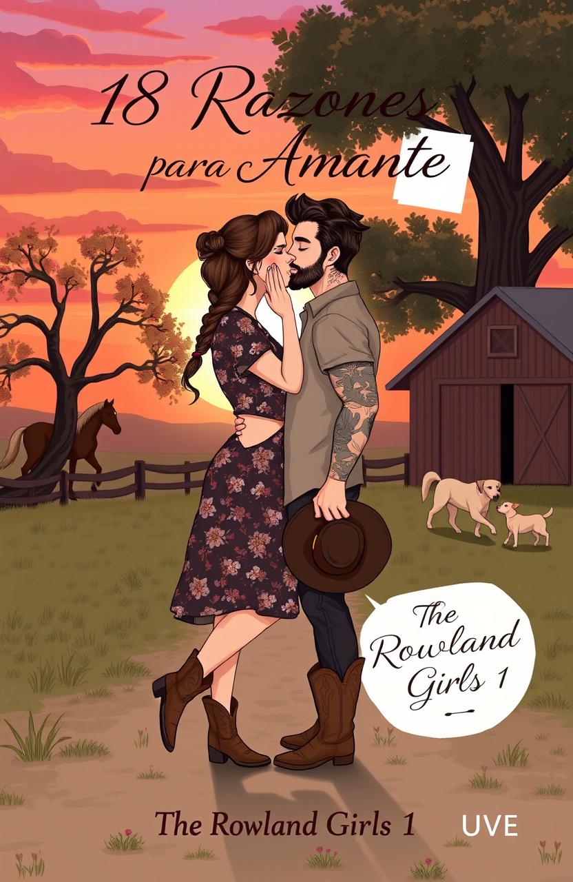 A heartfelt illustration of a curvy, short woman with brown hair styled in a braid, wearing a floral dress and cowboy boots, kissing a taller, muscular man with short wavy hair, adorned with tattoos and a short beard