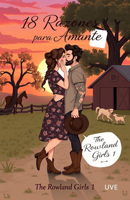 A heartfelt illustration of a curvy, short woman with brown hair styled in a braid, wearing a floral dress and cowboy boots, kissing a taller, muscular man with short wavy hair, adorned with tattoos and a short beard