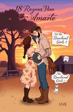 A heartfelt illustration of a curvy, short woman with brown hair styled in a braid, wearing a floral dress and cowboy boots, kissing a taller, muscular man with short wavy hair, adorned with tattoos and a short beard