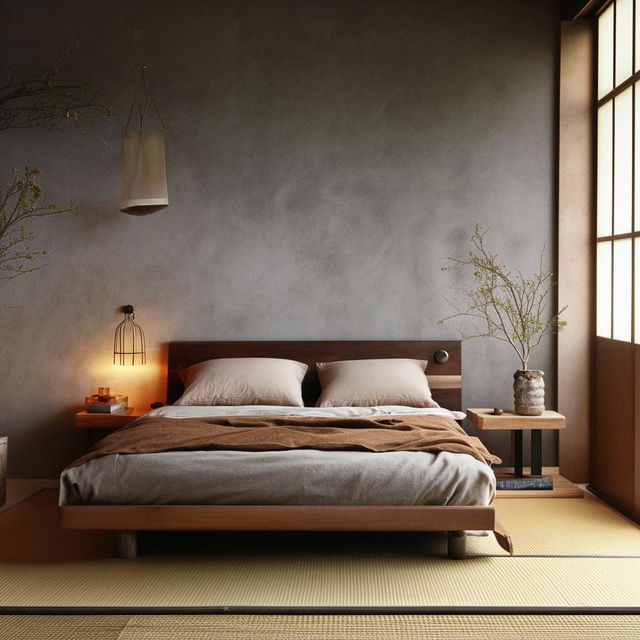 A modern organic bedroom with elements of japandi and industrial design. Balancing simplicity and comfort, featuring natural textures, minimalist shapes, warm wooden accents and metallic industrial details.