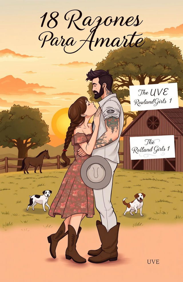 A heartfelt illustration of a curvy, short woman with brown hair styled in a braid, wearing a floral dress and cowboy boots, kissing a taller, muscular man with short wavy hair, adorned with tattoos and a short beard