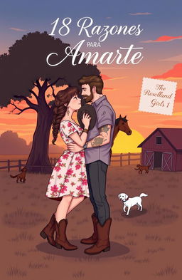A heartfelt illustration of a curvy, short woman with brown hair styled in a braid, wearing a floral dress and cowboy boots, kissing a taller, muscular man with short wavy hair, adorned with tattoos and a short beard