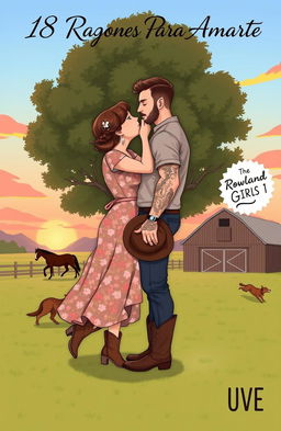 A realistic illustration of a short, curvy woman with brown hair styled in a braid, wearing a floral dress and cowboy boots, kissing a taller man who has short, wavy hair, muscular physique, tattoos, and a short beard