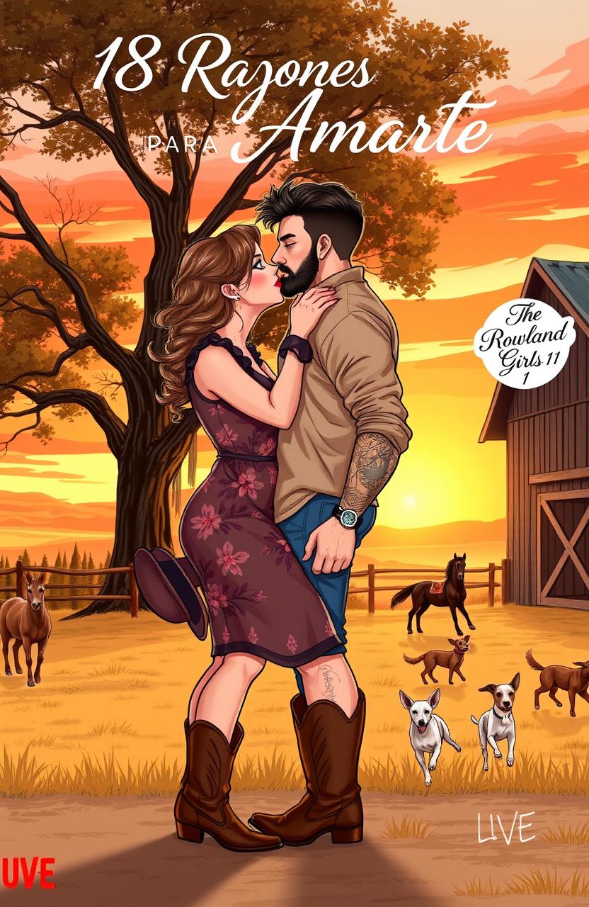 A realistic illustration of a short, curvy woman with brown hair styled in a braid, wearing a floral dress and cowboy boots, kissing a taller man who has short, wavy hair, muscular physique, tattoos, and a short beard