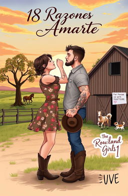 A realistic illustration of a short, curvy woman with brown hair styled in a braid, wearing a floral dress and cowboy boots, kissing a taller man who has short, wavy hair, muscular physique, tattoos, and a short beard
