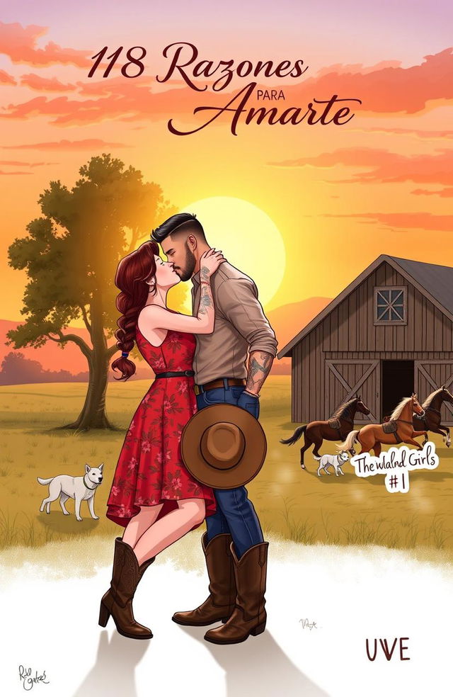 A realistic illustration of a short, curvy woman with brown hair styled in a braid, wearing a floral dress and cowboy boots, kissing a taller man who has short, wavy hair, muscular physique, tattoos, and a short beard