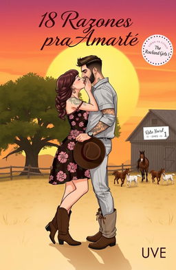 A realistic illustration of a curvy, short woman with brown hair styled in a braid, wearing a floral dress and cowboy boots, kissing a taller man with short, wavy hair, a muscular build, tattoos, and a short beard
