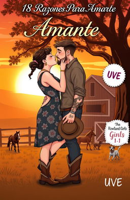 A realistic illustration of a curvy, short woman with brown hair styled in a braid, wearing a floral dress and cowboy boots, kissing a taller man with short, wavy hair, a muscular build, tattoos, and a short beard