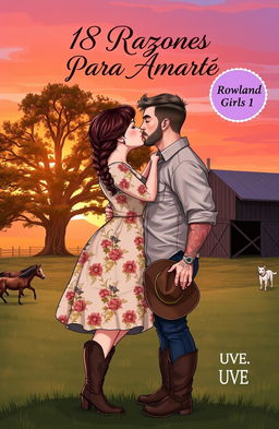 A realistic illustration of a curvy, short woman with brown hair styled in a braid, wearing a floral dress and cowboy boots, kissing a taller man with short, wavy hair, a muscular build, tattoos, and a short beard