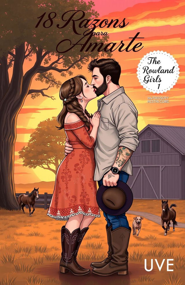 A realistic illustration of a curvy, short woman with brown hair styled in a braid, wearing a floral dress and cowboy boots, kissing a taller man with short, wavy hair, a muscular build, tattoos, and a short beard