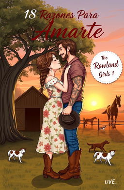 A realistic illustration of a curvy short woman with brown hair tied in a braid, wearing a floral dress and cowboy boots, smiling as she kisses a taller muscular man