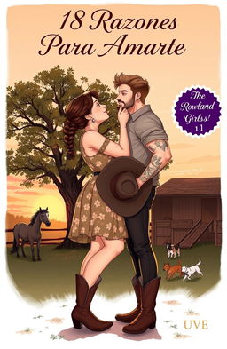 A realistic illustration of a curvy short woman with brown hair tied in a braid, wearing a floral dress and cowboy boots, smiling as she kisses a taller muscular man