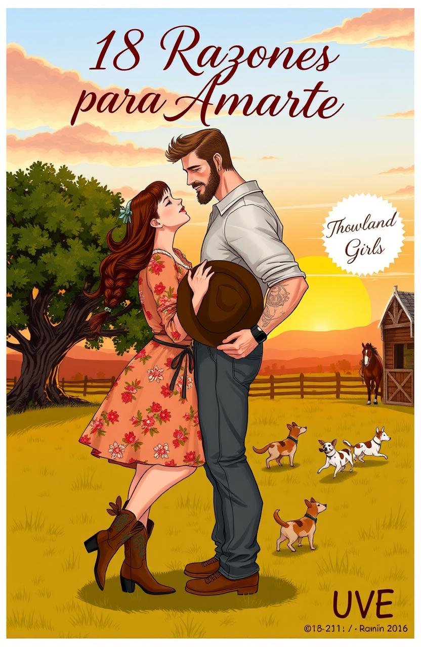 A realistic illustration of a curvy short woman with brown hair tied in a braid, wearing a floral dress and cowboy boots, smiling as she kisses a taller muscular man