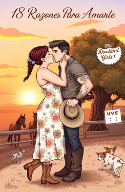A realistic illustration of a curvy short woman with brown hair tied in a braid, wearing a floral dress and cowboy boots, smiling as she kisses a taller muscular man