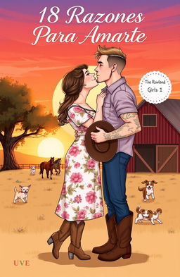 A realistic illustration featuring a curvy, short woman with brown hair styled in a braid, wearing a floral dress and cowboy boots
