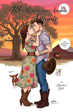 A realistic illustration of a curvy, short woman with brown hair styled in a braid, wearing a floral dress and cowboy boots, kissing a taller, muscular man with short, wavy hair, tattoos, and light stubble