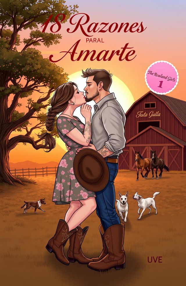 A realistic illustration of a curvy, short woman with brown hair styled in a braid, wearing a floral dress and cowboy boots, kissing a taller, muscular man with short, wavy hair, tattoos, and light stubble