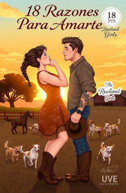 A realistic illustration of a curvy, short woman with brown hair styled in a braid, wearing a floral dress and cowboy boots, kissing a taller, muscular man with short, wavy hair, tattoos, and light stubble